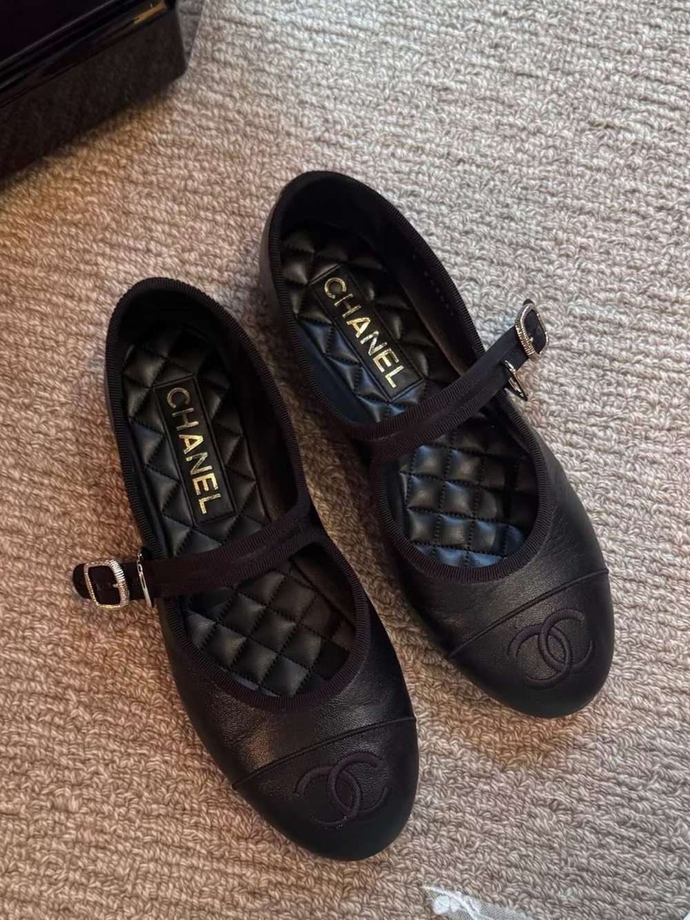 CHANEL Black Quilted Mary Jane Flats with CC Logo
